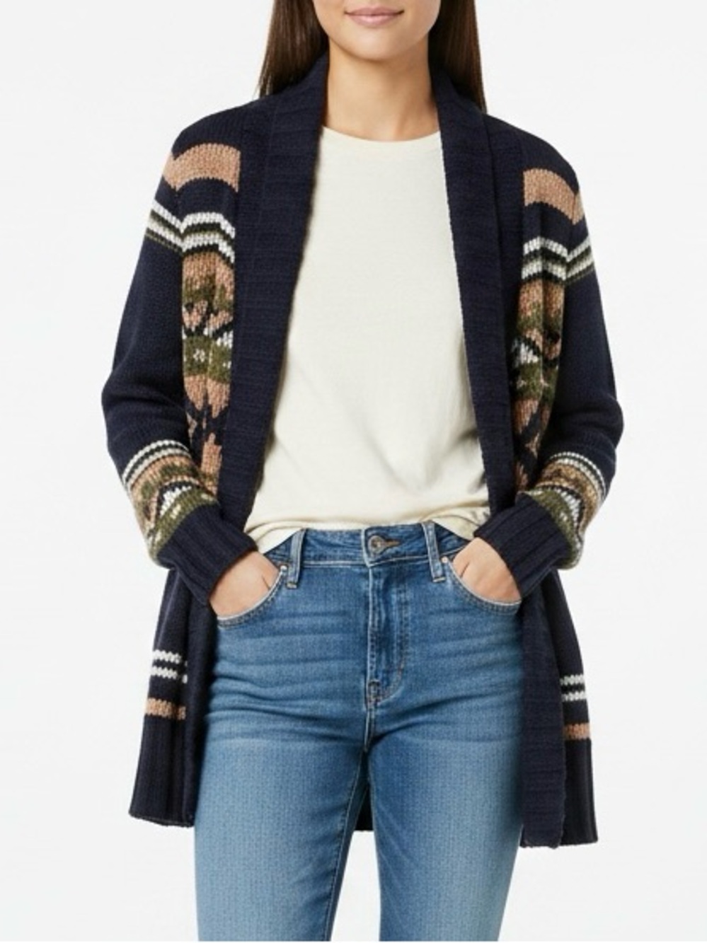 Pink Rose Navy Cardigan with Pink and Olive Fair Isle Accents